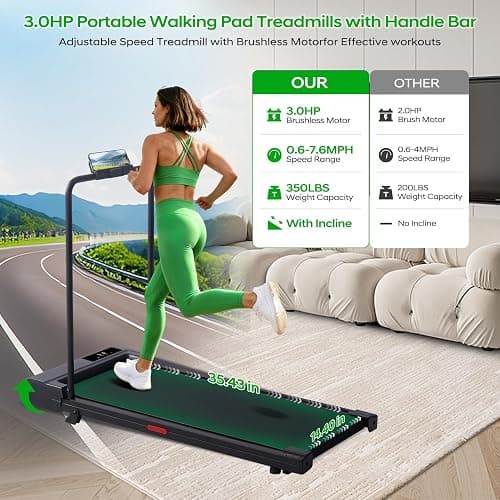 Electric Walking Pad with Handle Bar, 3.5HP Compact Walking Pads Treadmill with Handles, 0.6-10.0MPH Portable Small Treadmills for Home Office Apartment Small Spaces, 400LBS with Big Screen thumbnail 3