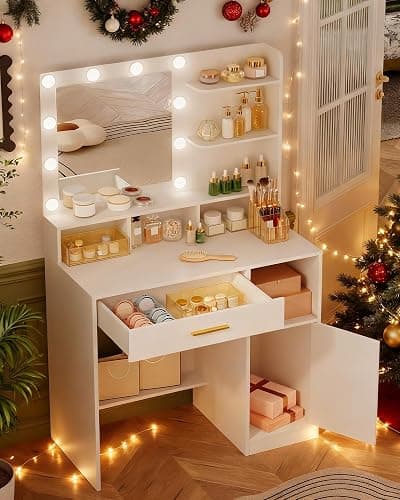 Hzuaneri Vanity Desk with Mirror and 10 LED Lights, Makeup Vanity with 3 Shelves & 4 Open Compartments, Dressing Table with Large Drawer & Cabinet, 3 Adjustable Lighting Brightness, White VT08103XCA thumbnail 7