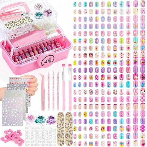 480 Pcs Girls Press ons False Nail Art Kit with Storage Case | Cute Stuff Gift for Girls 8-12 Fake Nails Adhesive - Image 1