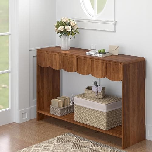 Console Table with Drawers, Mid-Century 43 Inches Narrow Entryway Tables with Open Storage Shelves, Hallway Accent Tables Behind Couch Table for Living Room - Walnut - Walnut thumbnail 7