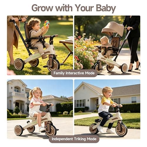 Kids Tricycle, 6 in 1 Baby's Toddler Trike with Adjustable Handle(Coffee) | Reversible Seat and Canopy, Baby Stroller for 1-6 Year Olds, All-Terrain Wheels, Best Gift Suitable for Outdoor Activities thumbnail 8