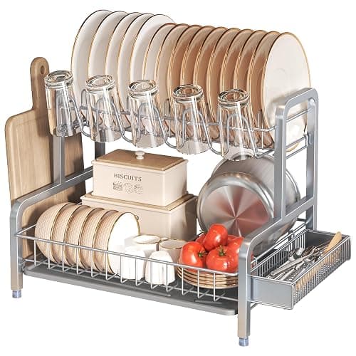 2 Tier Dish Drainers Drying Rack for Kitchen Counter Large Stainless Steel Dishes Drain with Drainboard, Space Saving, Big Modern Silver Countertop Metal Plates Dryer Strainer Holder and Extra Tray thumbnail 7