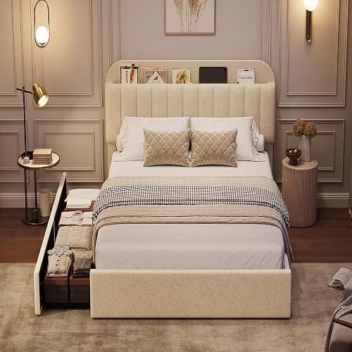 GAOMON Twin XL Bed Frame with Storage Headboard & 2 Drawers, Beige | Boucle Kids Bed, Upholstered Platform Bed, Bookcase, No Box Spring Needed, Noise Free, Easy Assembly thumbnail 7