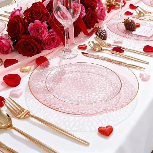 SUT 36Pcs Pink Plastic Plates, Hammered Plates Disposable Heavy Duty, Pink Disposable Plates With Gold Rim, Fancy Plastic plates Include 18 Dinner and 18 Dessert plates for Valentine's Day thumbnail 2