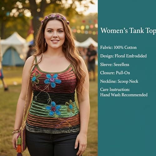 Shopoholic Fashion Women Cotton Hippy Razor Cut Vest Top Floral Embroidery Summer Sleeveless Tank Top thumbnail 4