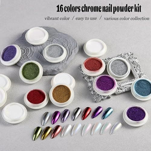 Fcozpjk Chrome Nail Powder Set, 16 Colors Mirror Metallic Effect for Nails Gold Silver Pink Blue Violet Green Red Crome Powder Pearl Chrome Pigment Iridescent Mermaid Shimmer Glitter Rub Dust Manicure thumbnail 3