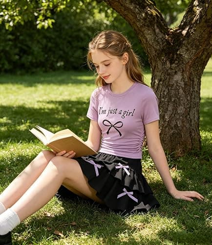 FJLSJSW Teenage Girls Skirt Set 2 Piece Short Sleeve Top Shirred Tiered Skirt Outfit Skirt for Teen Girls 7-13 Years thumbnail 7