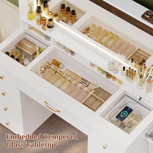 UPOSOJA 49.3“Large LED Mirror with Lights,Makeup Vanity Desk with 6 Drawers,Power Outlet,Glass Tabletop,Storage Shelf,Rolling Makeup Cart,Hairdryer Rack White thumbnail 5