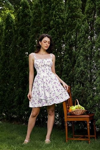 Scarlet Darkness Floral Corset Dress for Women Ruffle Mini Dress Summer Sundress - Small - White Purple Floral thumbnail 3