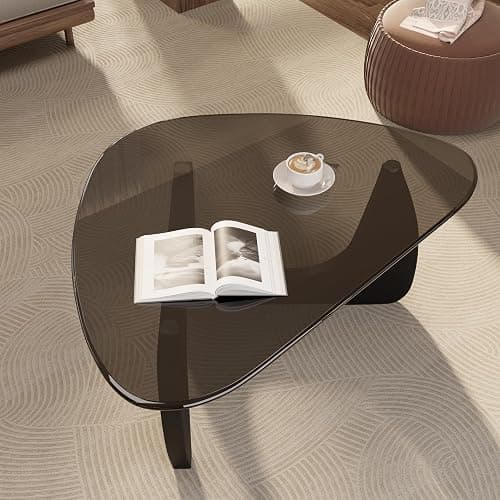 Daluvenix Modern Glass Coffee Table, Triangle Center Table with Tempered Glass Top& Unique Wooden Base, 42.5” Mid Century Tea Tables for Living Room, Apartment, Office,Black & Grey thumbnail 8