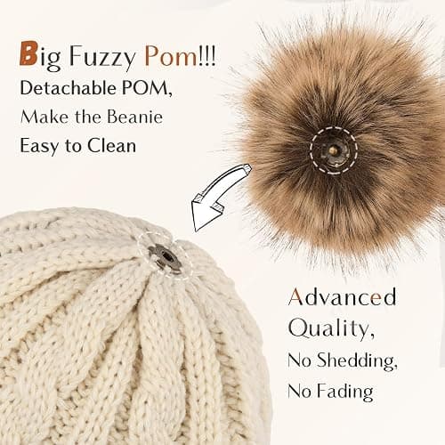 YANIBEST Womens Winter Beanie Hat Satin Lined Knitted Beanie Hat Warm Soft Ski Cuff Cap with Pom Pom thumbnail 5