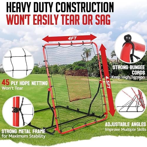Baseball Rebounder Net, 3/5 Adjustable Angles 4x4.5FT Pitch Back Baseball Softball Volleyball Rebounder with 2 Strike Zones, UV Resistant, Pitchback Trainer for Ground, Line Drive & Fly Balls thumbnail 2