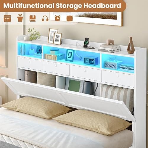 AOGLLATI Full Size Bed Frame with Storage Headboard and 6 Drawers, Wood Full Size Bed Frame with 4 Fabric Drawers and Hidden Storage, Charging Station and LED Lights, No Box Spring Needed, White thumbnail 4
