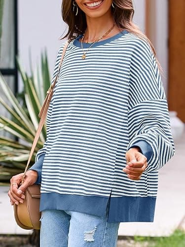 Fisoew Women's Fall Oversized Sweatshirt Casual Waffle Knit Long Sleeve Crewneck Split Pullover Tunic Tops thumbnail 3