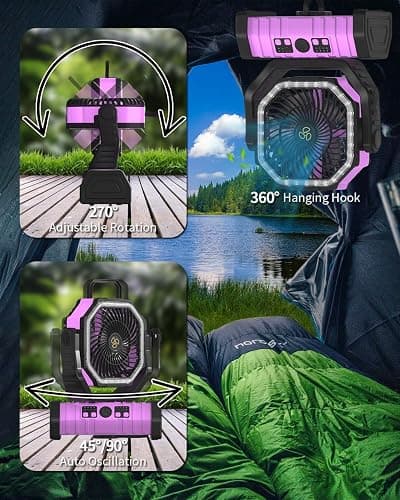 ADUST Camping Battery Operated Powered Fan with LED Lantern Light Portable 20000mAh Rechargeable Oscillating Fan with 360° Rotation Hanging Hook for Tents, Cordless USB Desk Fan(Pink) thumbnail 6