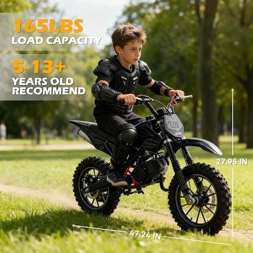 50cc Kids Dirt Bike, 2-Stroke Gas Powered Mini Motorcycle Up to 40MPH, Off-Road Dirt Bike for Kids 8-14 with Front Rear Disc Brakes, Double Shock Absorption (Black) thumbnail 2