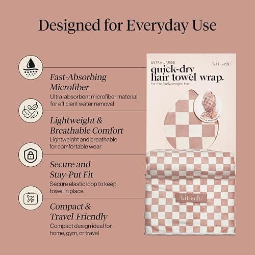 Kitsch XL Microfiber Hair Towel Wrap for Women - Terracotta Checkered thumbnail 3