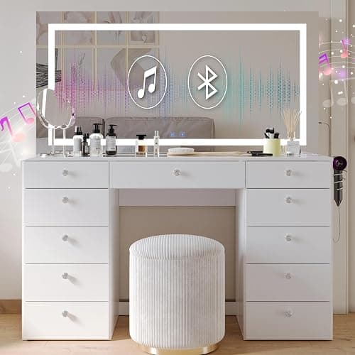Boahaus Lydia Extra-Large Makeup Vanity Desk, Dimmable LED Mirror, Dual Bluetooth Speakers, 11 Drawers, USB-C & USB-A Ports, 110 V Outlet, Tempered Glass Top & Crystal Knobs thumbnail 5