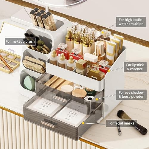 Makeup Organizer for Vanity,Vanity Organizer with Drawers and Brush Holder,Bathroom Make Up Organizer Countertop,Large Cosmetic Organizer for Skincare, Perfume,Lipsticks,Nail Polish (White) thumbnail 2