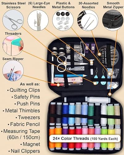 Vellostar Sewing Kit for Adults & Beginners – Portable Needle & Thread Travel Kit w/ 24 Thread Colors, Needles, Scissors & Tape Measure for Emergency Clothing Repairs, Buttons, Hemming & Home Mending thumbnail 3