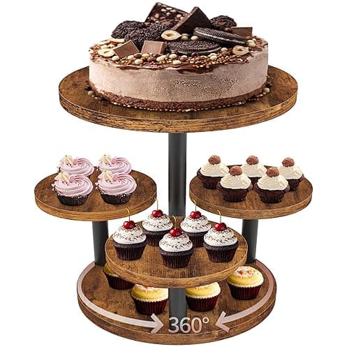 Cupcake Stand, Rotatable Cupcake Stand, Rustic Industrial Wood Cake Stand Cupcake Tower, Dessert Table Display Set Tiered Tray Stand, Round Serving Tray Cake Stands for Party Wedding Birthday - Image 1