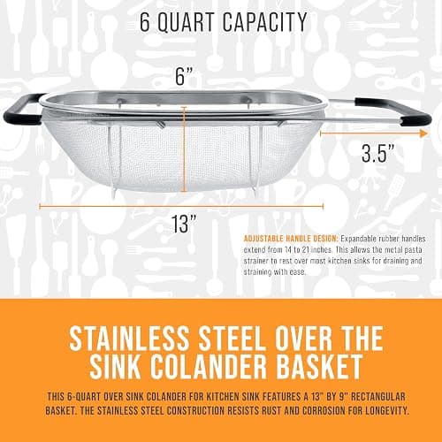 U.S. Kitchen Supply Stainless Steel Colander Strainer - 6-Quart Collapsible Colander with Expandable Rubber Handles - Rectangular Sieve, Fine Mesh Stainless Steel Strainers and Colanders for Kitchen thumbnail 5