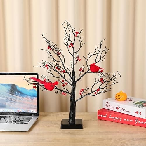 Vintage Glowing Tree with Cardinals and Berries, LED Cardinal Tree Lamp, Indoor Christmas Decorations with Lighted Branches, Vintage Christmas Decor for Home thumbnail 7