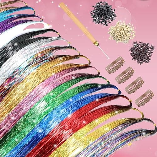YUBTY Hair Tinsel Kit 20 Colors 4800 Strands Fairy Hair Tinsel Heat Resistant 48 Inches Glitter Tinsel Hair Extensions Highlights Sparkling Hair Tinsel Kit for Girls Hair Accessories Party Festival thumbnail 3