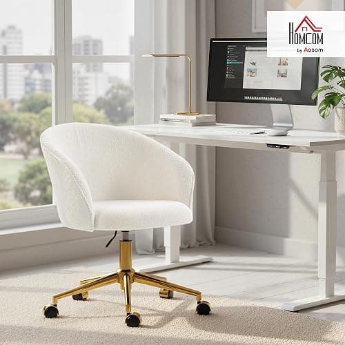HOMCOM Swivel Office Chair, Teddy Fleece Upholstered Vanity Desk Chair with Adjustable Height, Rolling Wheels for Office, Makeup, Dressing Table, Cream White thumbnail 2