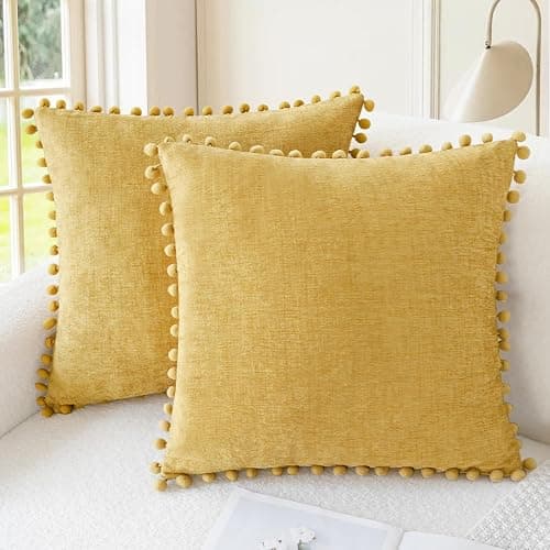 CaliTime Throw Pillow Covers Decorative 20 X 20 Inches Pack of 2 Cozy Solid Dyed Soft Chenille Cushion Cases with Pom Poms for Couch Sofa Bed Living Room Home Gold - Image 1