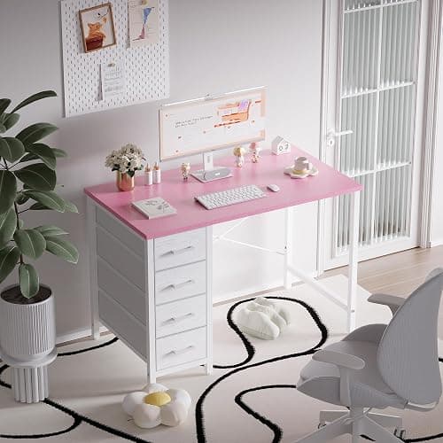 Pamray 32 Inch Computer Desk with 4 Drawers Small Office Desk for Home Bedroom Study Writing Simple Modern Computer Table Pink thumbnail 2