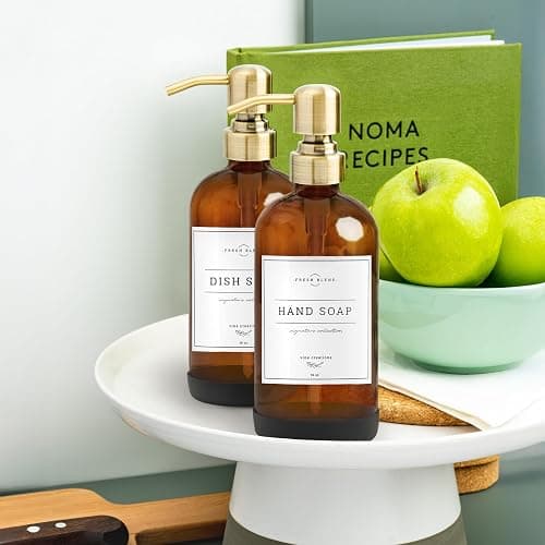 Vine Creations Amber Glass Soap Dispenser, 2 Pack Kitchen Soap Dispenser Set with Stainless Steel Pump, 16 oz Dish Soap and Hand Soap Dispensers for Bathroom with Waterproof Labels and Protective Pads thumbnail 2