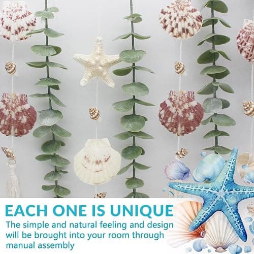 Artificial Eucalyptus Wall Decor with Seashell Coastal Decor Natural Home Decorations Hanging Wooden Bead Garland for Large Bedroom Bathroom Living Room, 32 x 32 Inch thumbnail 4