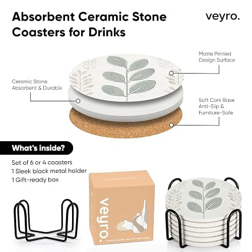 VEYRO Ceramic Coasters Set of 6 – Absorbent Stone Drink Coasters with Holder, Non-Slip Cork Backing, Modern Marble Look Coasters for Coffee Table, Desk & Home Decor thumbnail 6