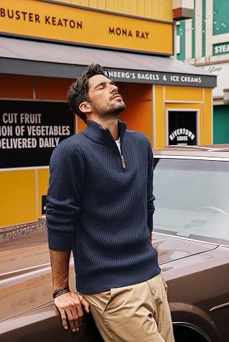 PJ PAUL JONES Mens Quarter Zip Pullover Sweaters Casual Slim Fit Knit Texture Sweater thumbnail 2