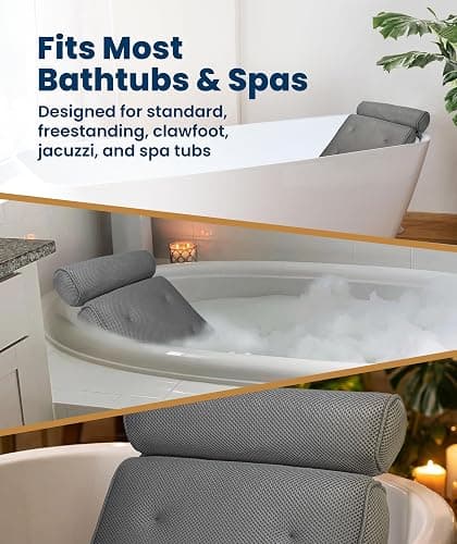 Everlasting Comfort Luxury Bath Pillows for Tub with Head and Neck Support - Non-Slip Bathtub Pillow with Suction Cups, Quick-Drying Mesh & Drying Hook - Jacuzzi & Spa Accessories for Women - Gray thumbnail 6