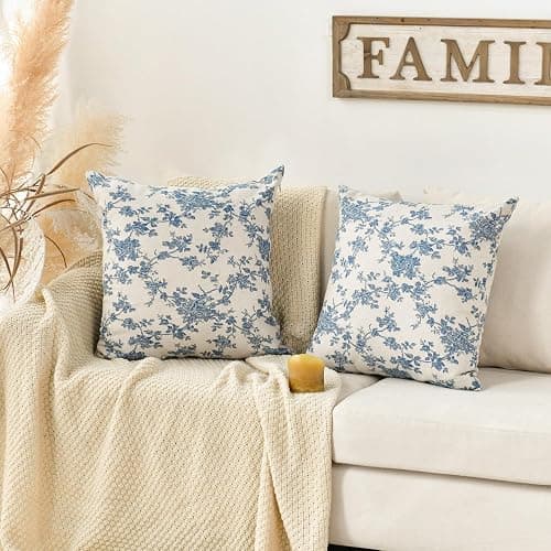 AVOIN colorlife Chinoiserie Grandmillennial Bule White Flower Christmas Throw Pillow Covers 18 x 18 Inch Set of 2, Sateen Breathable Cushion Case on Sofa Couch Soft for Quality Sleep thumbnail 5