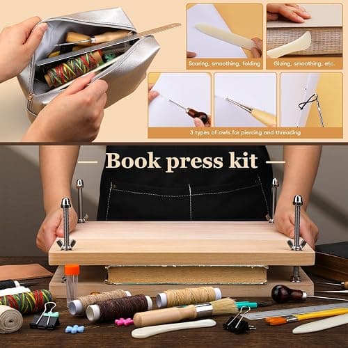 JUPEAN 45 Pcs Book Binding Kits, Bookbinding Kit Large Book Press 14.76”x11.42” with Books Binding Materials Bone Folder Tool Bind Cloth Webbing Strap and Storage Bag for Repair thumbnail 5