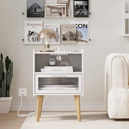 Nightstand with Charging Station, Bedside Tables with Glass Decorative Door, End Table Side Table with 2 Tiers Storage Space, for Bedroom, Living Room, White CAMLBZ07WE thumbnail 6