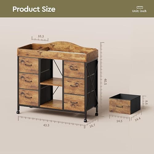 Yetom Changing Table, 6-Drawer Baby Dresser with Changing Table top,Waterproof Diaper Changing Station & Pad, 2 Height-Adjustable Open Storage Shelves, Mobile Nursery Organizer, Rustic Brown thumbnail 3