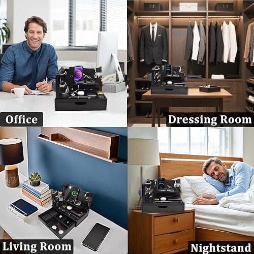 KWYADLUO Nightstand Organizer for Men with Large Drawer, Birthday Gifts for Men Father Husband, Wood Phone Docking Station, Bedside Organizer for Nightstand Office for Apple Watch, Laptop (Black) thumbnail 5