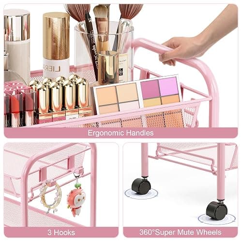 TOOLF 3 Tier Rolling Cart, Metal Utility Storage Cart with Wheels, Pink | 3 Hooks, Screwless Assembly, Trolley Organizer for Bathroom, Kitchen, Office, Nursery, Dorm, Laundry Room thumbnail 6