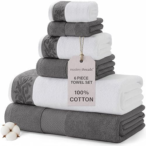 Modern Threads 600 GSM 6-Piece Towel Set with Filgree Jacquard Border Charcoal - Image 1