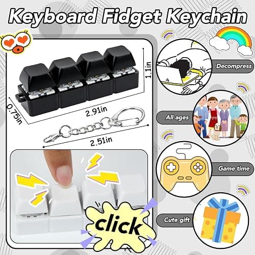 2 PCS White & Black Keyboard Fidget Toy, Keyboard Fidget Keychain 4-in-1 Keyboard Decompression Button Finger Clicker Toys, Button Stress Relief Fidget Gifts to Relief Stress (General) thumbnail 3