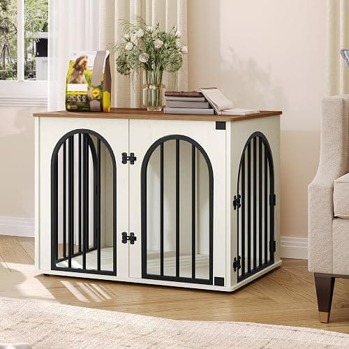 Hzuaneri 31.5'' Wooden Dog Crate Furniture, Indoor Dog Kennel Dogs Cage for Small/Medium Dogs, Heavy Duty Dog Crates Decorative Pet House End Side Table TV Stand, White Brown DFC85114B thumbnail 8