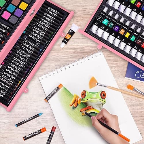 175 Piece Deluxe Art Set with 2 Drawing Pads, Acrylic Paints, Crayons, Colored Pencils, Paint Set in Wooden Case, Professional Art Kit, Art Supplies for Adults, Teens and Artist, Paint Supplies - Pink thumbnail 7