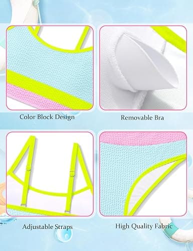 TALLWH Girls Bathing Suit Color-Block Adjustable Straps Bikini Sets Girls Two Piece Swimsuits with Chest Pad Swimwear 7-18T thumbnail 6