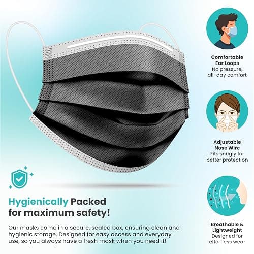 [Pack Of 150] Black Disposable Face Mask, 3-Ply Adult Masks, Facial Cover with Elastic Earloops For Home, Office, School, and Outdoors thumbnail 3
