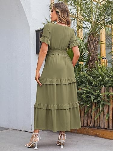 Amegoya Women's V Neck Long Sleeve Boho Maxi Dress Summer Wedding Guest Long Flowy Engagement Dresses thumbnail 2