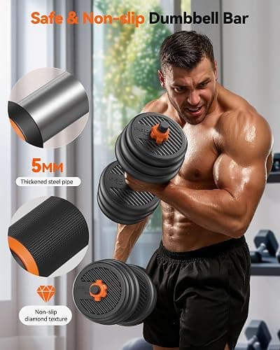 FEIERDUN Adjustable Dumbbells, 20/30/40/45/70/90lbs Free Weight Set with Connector, 5 in1 Dumbbells Set Used as Barbell, Kettlebells, Push up Stand, Weight Plate, Fitness Exercises for Home Gym Suitable Men/Women thumbnail 5